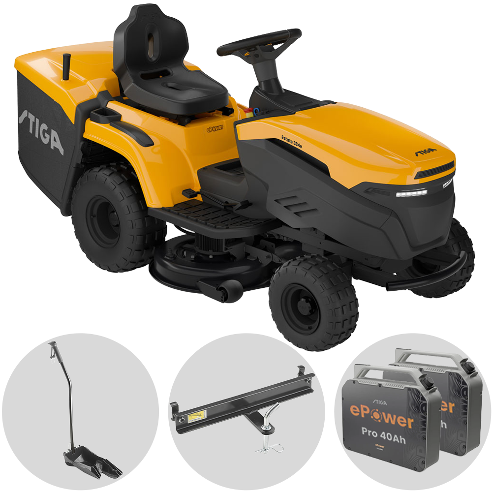 Stiga Estate 384e - Kit Tractor cortacésped con 2 módulos batería ePower Pro 56 V/40 Ah - Recogedor y mulching